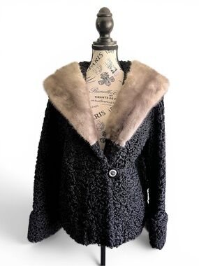 🇨🇦 Vintage Rainbow Fur Montreal Persian Lamb Mink Collar Coat Black 50s 60s